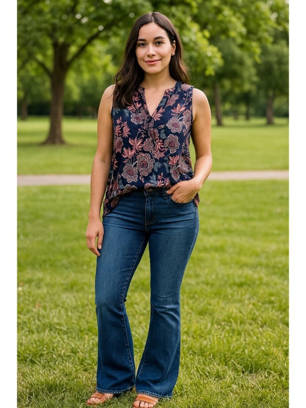 Alice Blue Womens Sleeveless Navy & Pink Floral Paisley Blouse Top Size Large